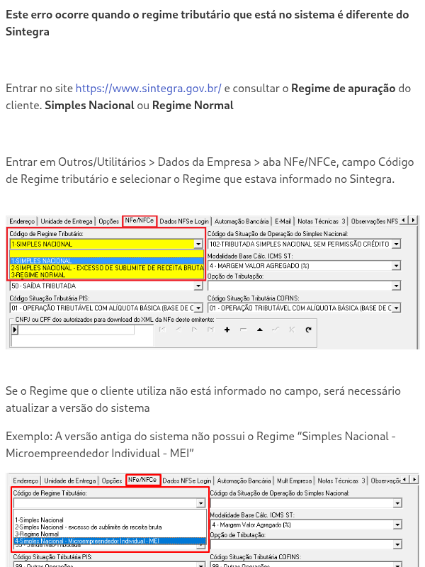 481 - Código Regime Tributário do emitente diverge do cadastro na SEFAZ