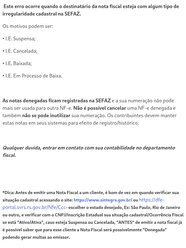 205 - Rejeicao: NF-e esta denegada na base de dados da SEFAZ 