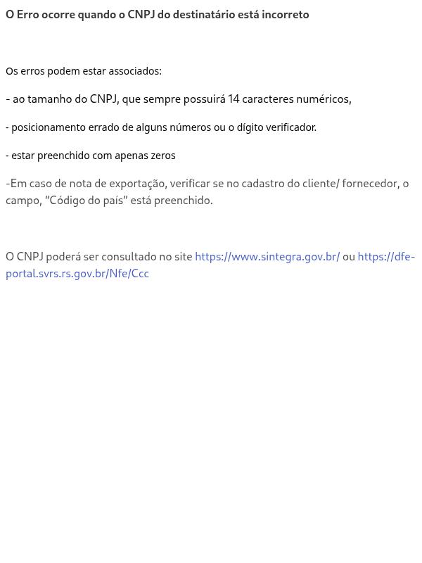 208 - Rejeição: CNPJ do destinatário inválido
