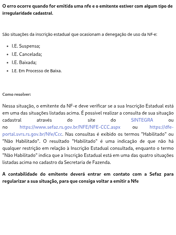  301 - Rejeição: Uso Denegado: Irregularidade fiscal do emitente
