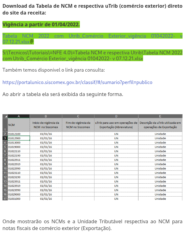 Tabela NCM e respectiva Utrib (comércio exterior)
