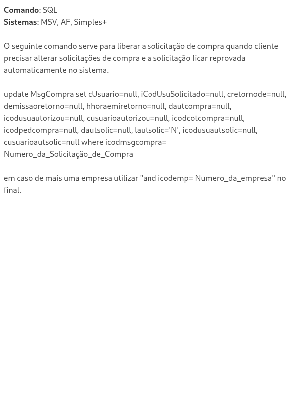 Alterar situação na Mensagem de Compras