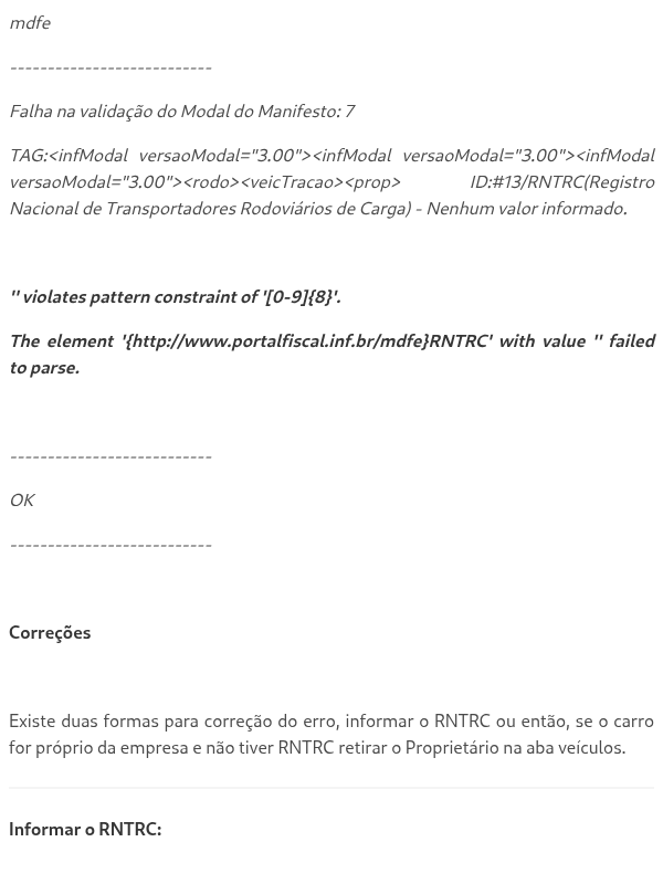 Erro de RNTRC no MDFe