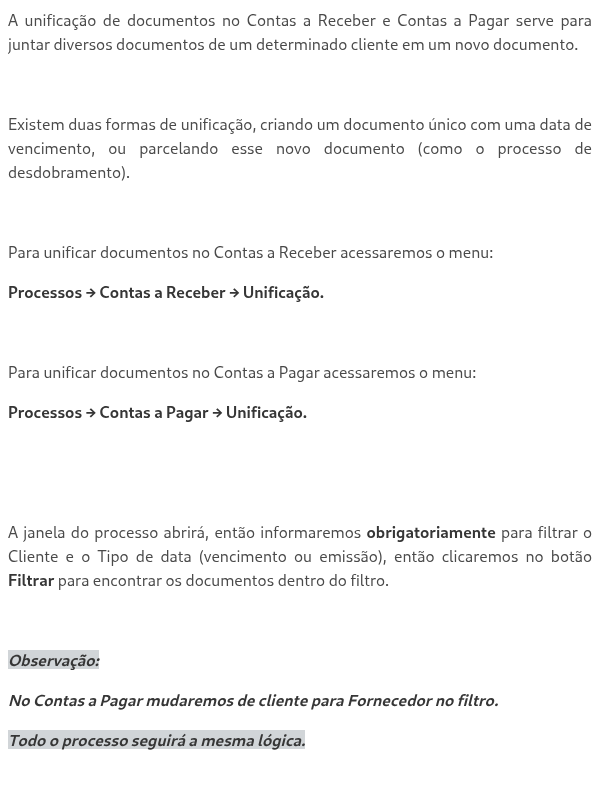 Unificar Documentos - Parcelar Documentos Unificados - Contas a Pagar e a Receber