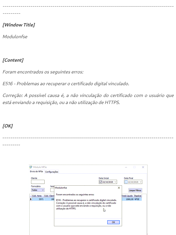 Rejeição NFSe E516 - Problemas ao recuperar o certificado digital vinculado. | NFSe Curitiba