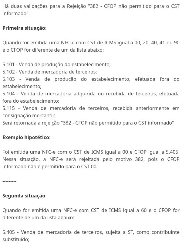 Rejeição NFCe 382 - CFOP não permitido para o CST informado