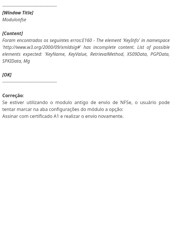 Erro envio NFSe E160 - The element 'KeyInfo'