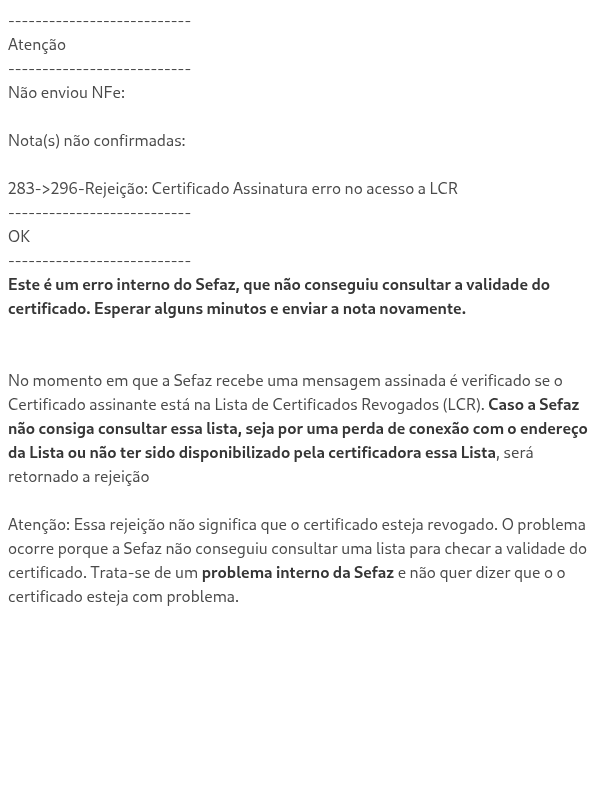 296-Rejeição: Certificado Assinatura erro no acesso a LCR