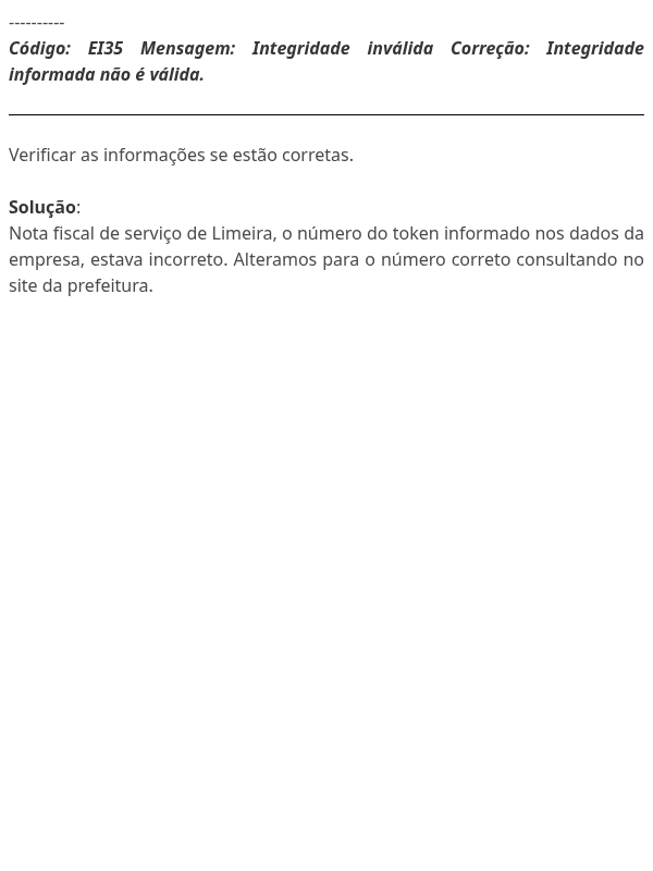Erro NFSe Limeira EI35: Integridade inválida 
