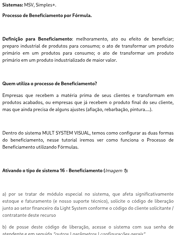Beneficiamento por Fórmula