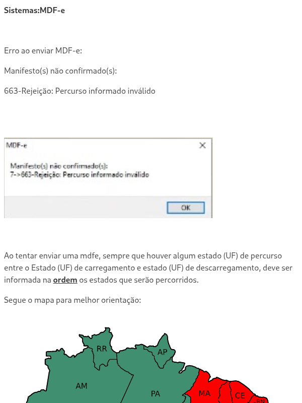 MDFe Rejeição: Percurso informado inválido