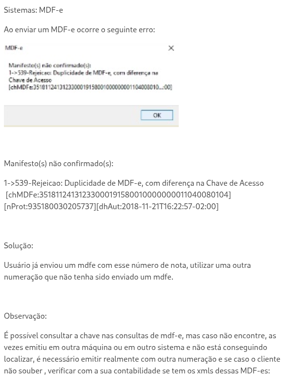 539-Rejeicao: Duplicidade de MDF-e, com diferença na Chave de Acesso