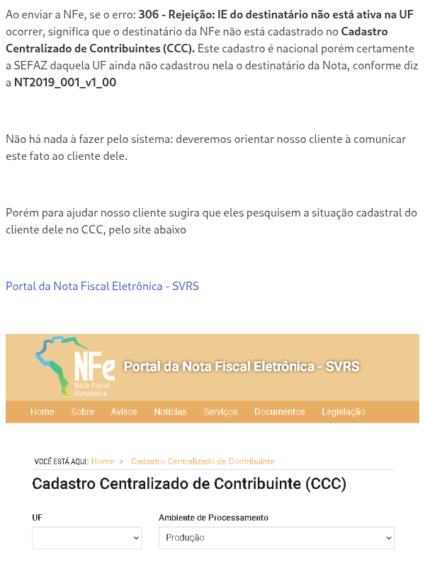 306 - Rejeição: IE do destinatário não está ativa na UF - Como pesquisar a situação do destinatário