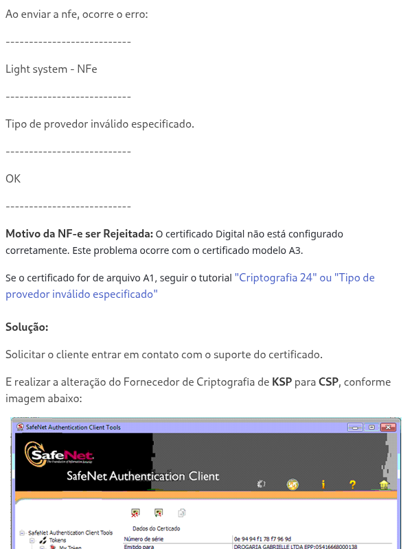 Rejeição: Tipo de Provedor Inválido Especificado ou "The Cryptographic Service Provider type '0' is not supported" Certificado A3