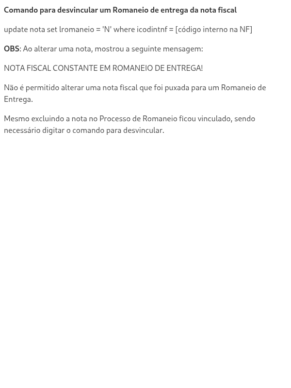 Comando para desvincular Romaneio da Nota