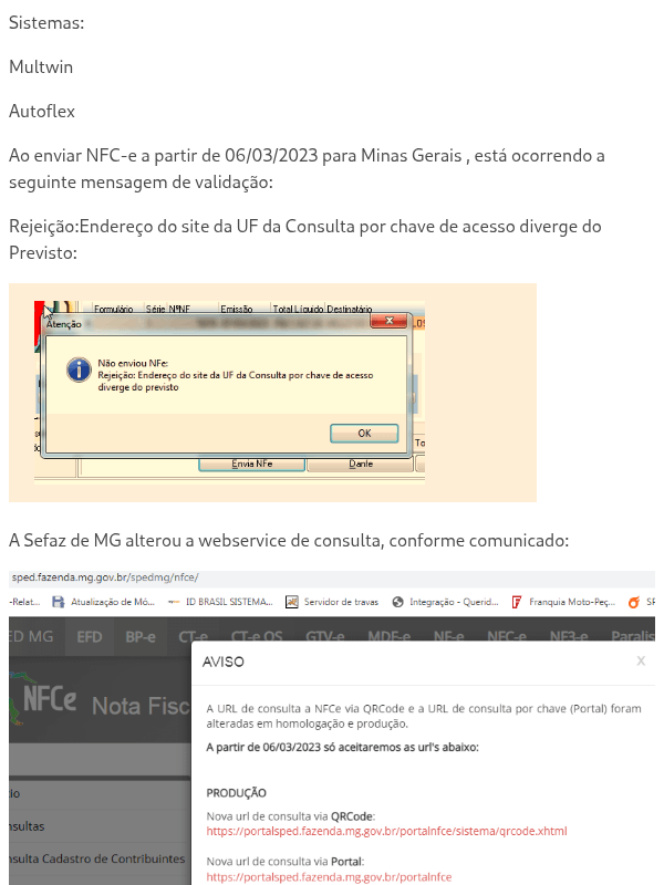Rejeição:Endereço do site da UF da Consulta por chave de acesso diverge do Previsto -MG