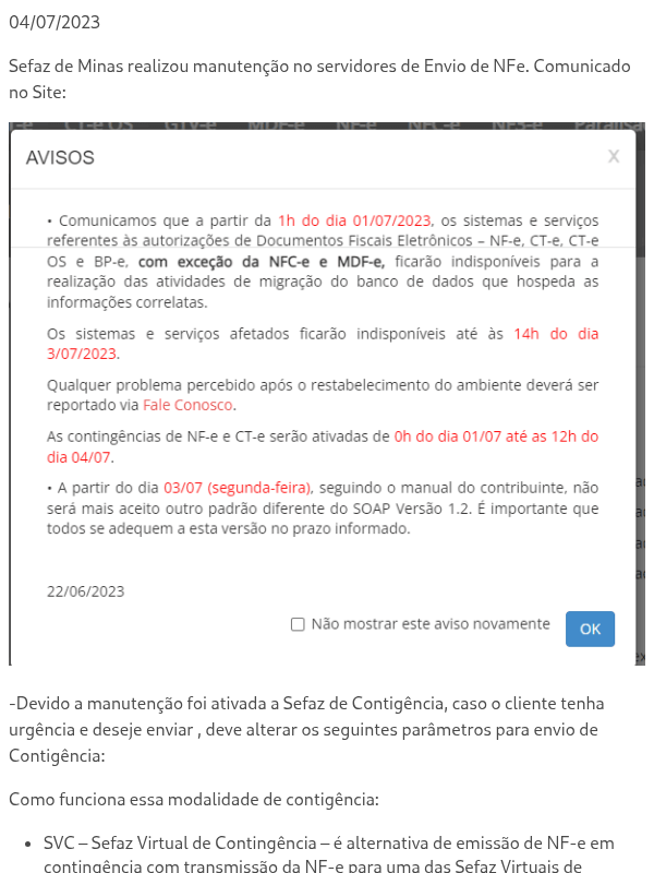 Problemas Técnicos NFe Minas Gerais -Contigência