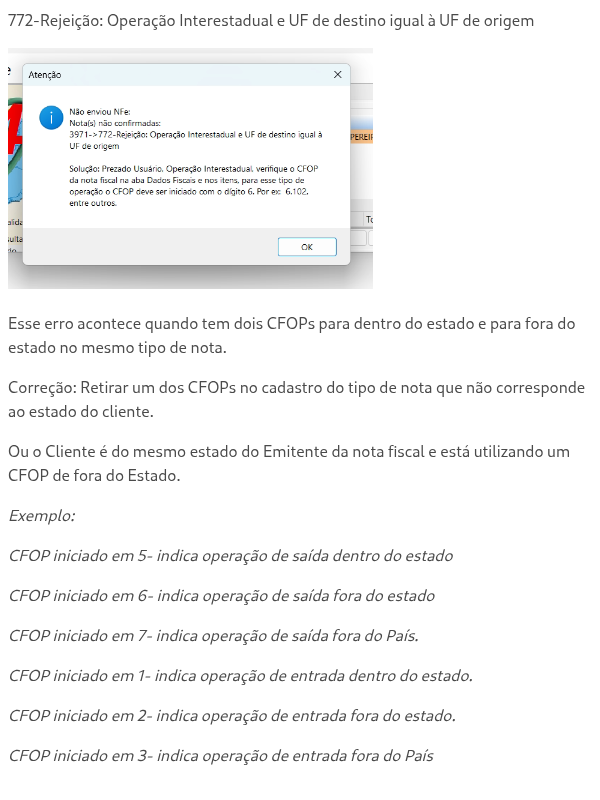 3971->772-Rejeição: Operação Interestadual e UF de destino igual à UF de origem.