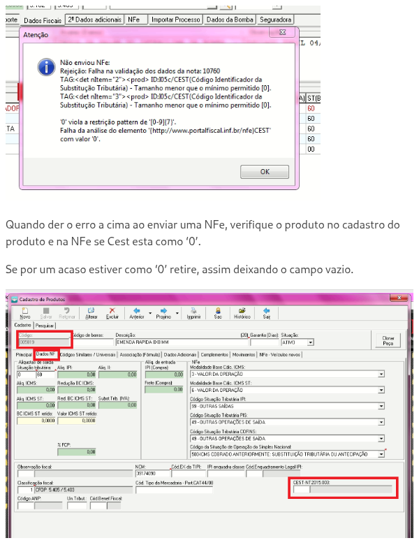 Rejeição: Falha na validação dos dados da nota/ CEST