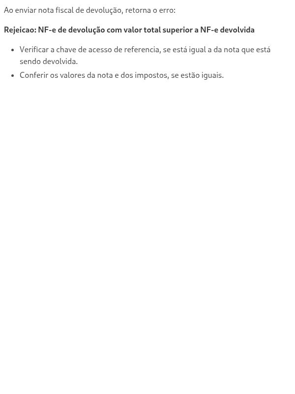 Rejeicao: NF-e de devolução com valor total superior a NF-e devolvida