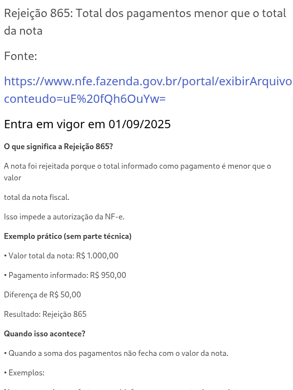 Rejeição 865: Total dos pagamentos menor que o total da nota